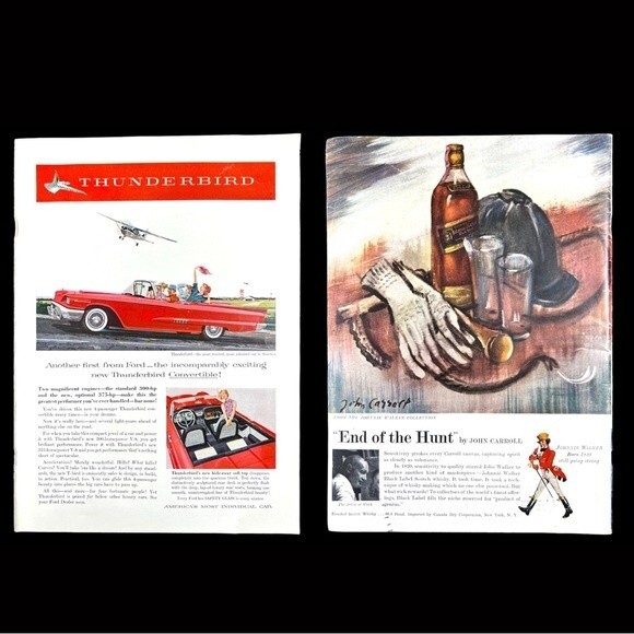 2 ADS 1950's Ford Thunderbird /Johnnie Walker Vintage Print Ad Car Whiskey - Picture 1 of 15